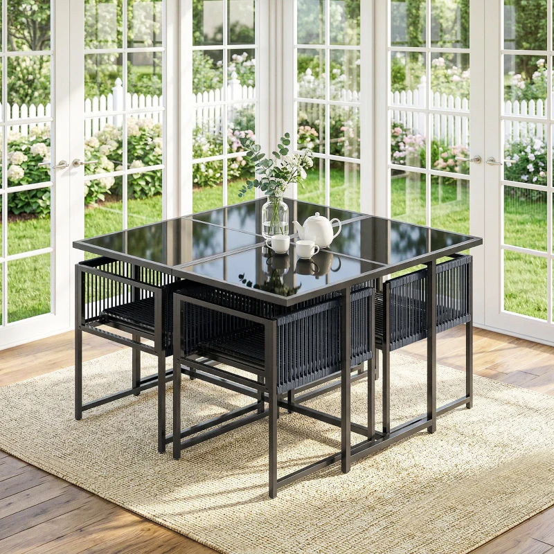 Outsunny 5 Pieces Garden Dining Set, Outdoor Patio Cube Set, 4 Seater Outdoor Table and Chairs with Foldable Backrest, Dark Grey