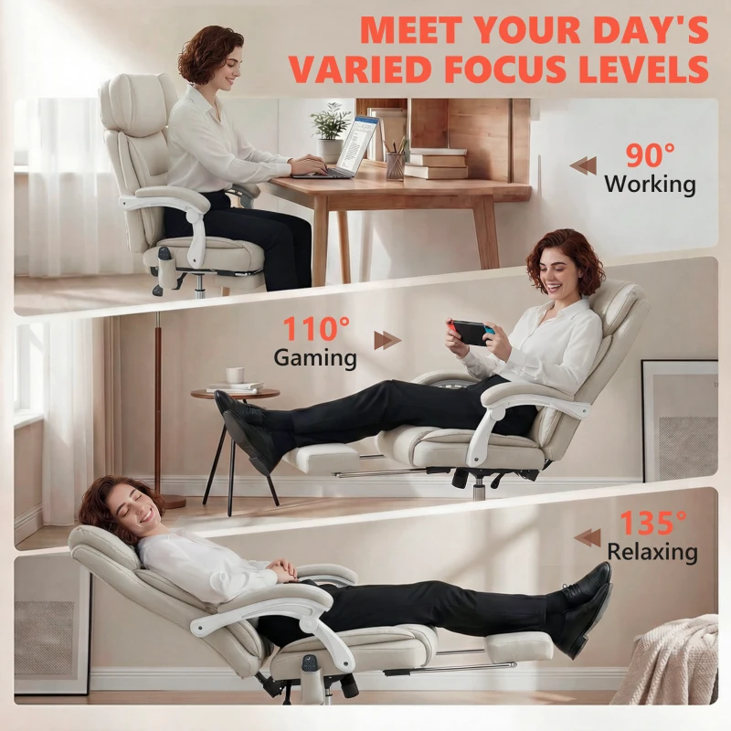 HOMCOM Wysokie krzesło biurowe z masażem wibracyjnym i podgrzewaniem, ergonomiczne, regulowane, z podnóżkiem, kremowobiały