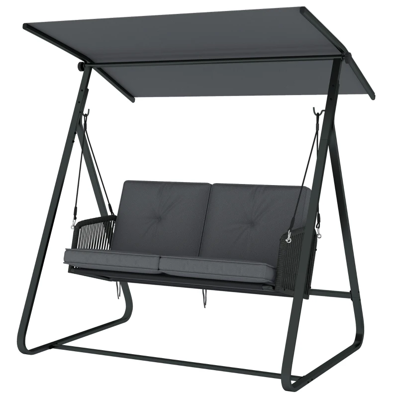 Outsunny 2-Seater Rattan Swing Chair, Outdoor Garden Hanging Swing Seat with Stand, Adjustable Canopy and Soft Cushions