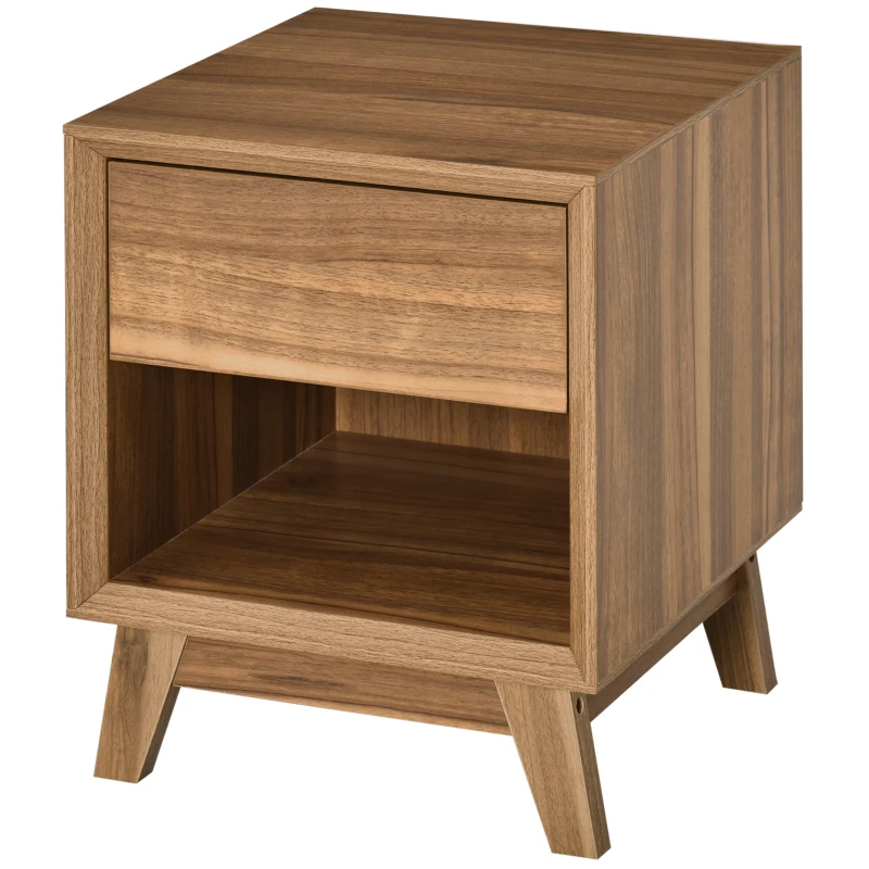 HOMCOM Modern Bedside Table Nightstand, Living Room End Table, Side Table with Drawer and Shelf, Walnut Brown