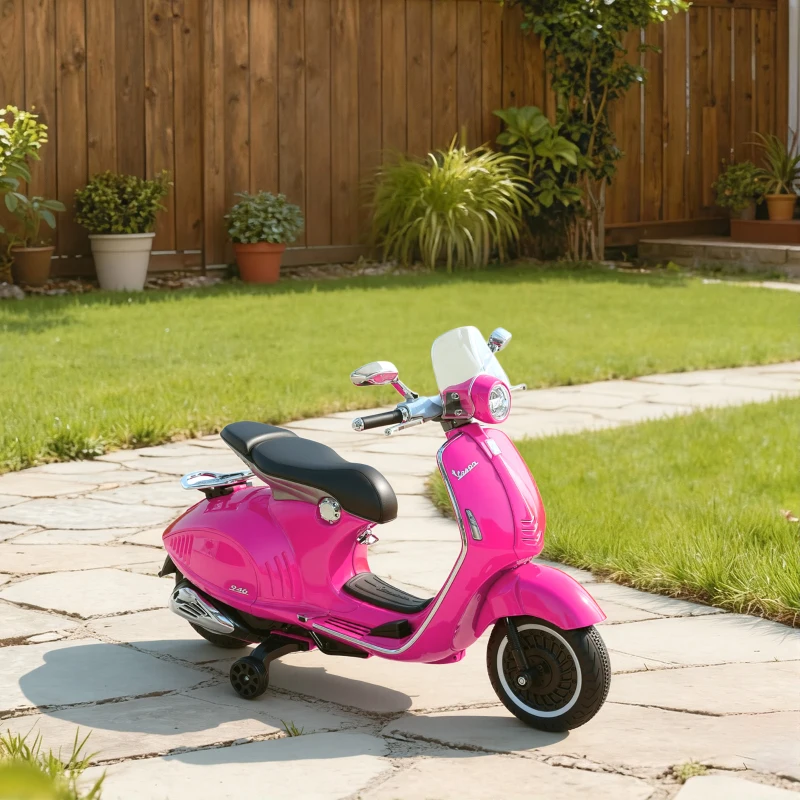 HOMCOM Motocicletă Electrică pentru Copii cu Licență Oficială Vespa, 2 Roți Auxiliare, Lumini și Sunete, 108x49x75 cm, Roz