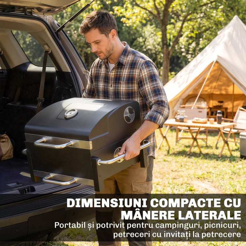 Outsunny Grătar Pe Cărbuni cu Orificii de Ventilație, Sertar pentru Cenușă, Grătar Portabil cu Termometru, Grătare, Capac, Mâner din Oțel Inoxidabil, BBQ pe Cărbuni pentru Grădină Camping, Negru