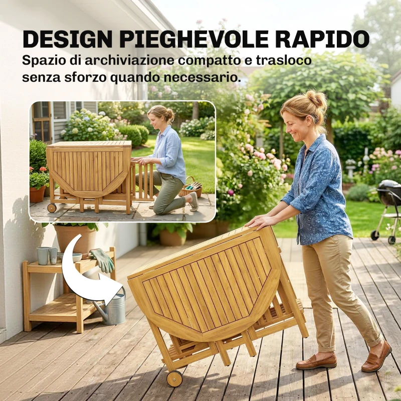 Outsunny Set Pranzo 7 Pezzi, Tavolo Estensibile Legno e 6 Sedie Pieghevoli per Giardino