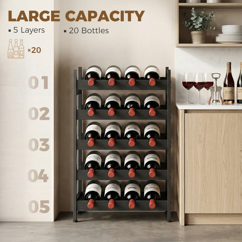 HOMCOM Wine Rack Freestanding Industrial Liquor Cabinet 5-Tier 20 Bottles Bar Stand with Adjustable Feet, Black