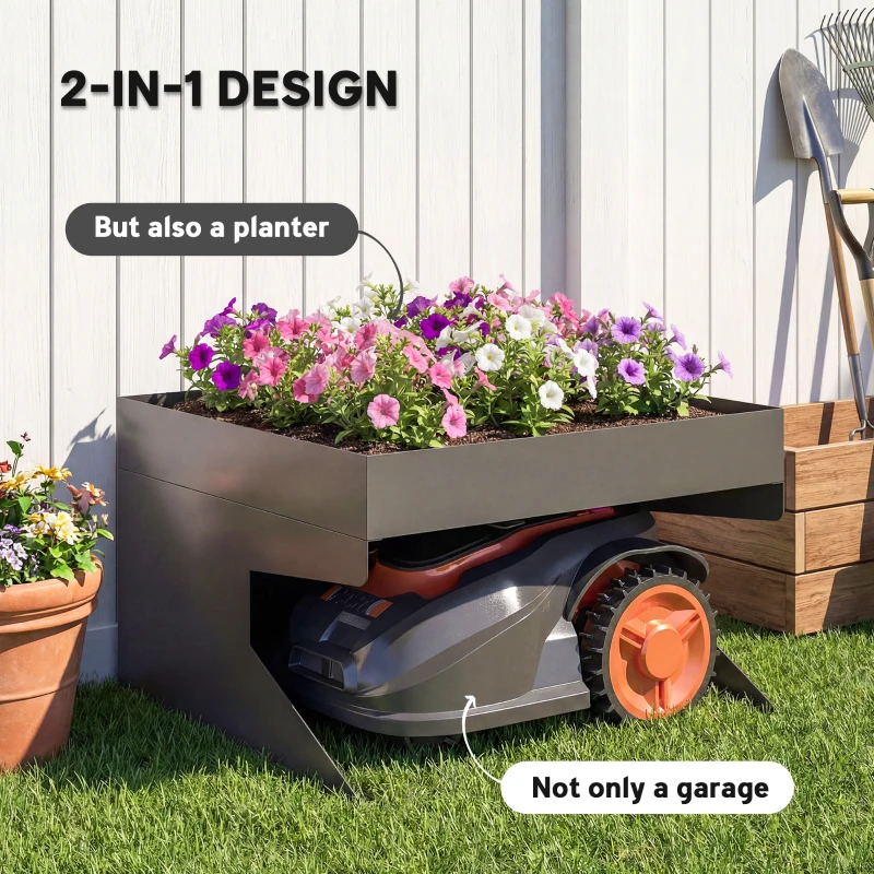 Outsunny Garaż dla Robotów Koszących z Donicą, Trwały Garaż z Ocynkowanej Stali, Czarny