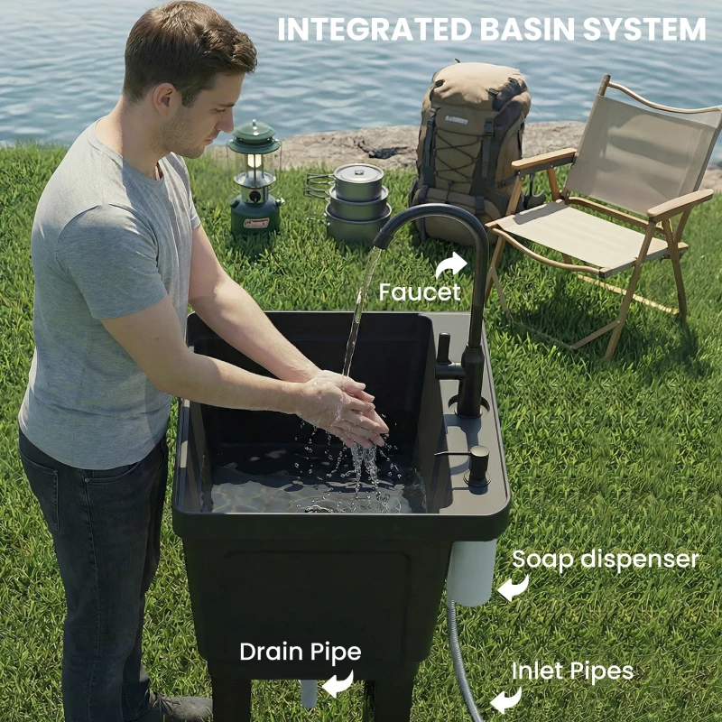 Outsunny Przenośna umywalka kempingowa z dozownikiem mydła, kranem, wężami wlotowymi i odpływowymi, czarna