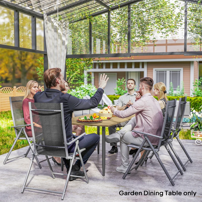 Outsunny Garden Dining Table, 150 x 90 cm Rectangle Outdoor Table with 5 cm Parasol Hole, Slatted Tabletop and Steel Frame for Patio Balcony, (Table Only) Brown