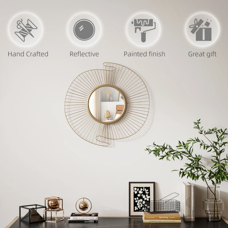 HOMCOM Decorațiune de Perete Oglindă Rotundă, Oglindă Modernă cu Benzi din Metal și Design Plisat, Artă Decorativă pentru Living, Dormitor și Intrare, 60x60 cm, Auriu