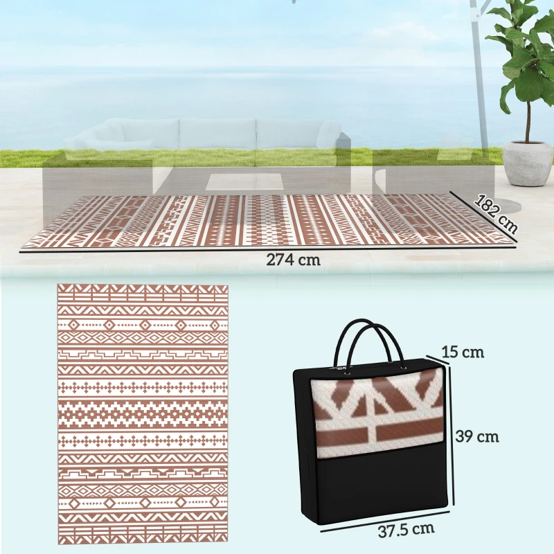 Outsunny Reversible Outdoor Mat 1.8 x 2.7 m, PP floor mat with geometric wall pattern, carry bag, red and white