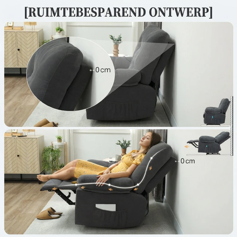 HOMCOM Relaxstoel met Massage, 8 Vibratiepunten, Verstelbare Voetsteun, Zijvak, Ligstoel, Grijs(m-9)