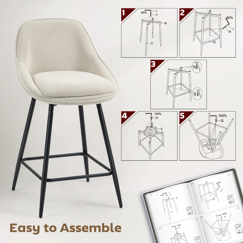 HOMCOM Zestaw 2 Hokerów ze Sztruksowym Wykończeniem i Stalowymi Nóżkami, Krzesła Tapicerowane do Kuchennej Wyspy, Jadalni, Kremowe