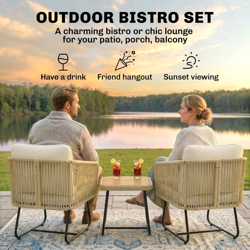 Outsunny Rattan Bistroset 3-delig FSC Tuinmeubelset met 2 Fauteuils, Latten Houten Tafel, Dikke Wasbare Kussens, Stalen Frame