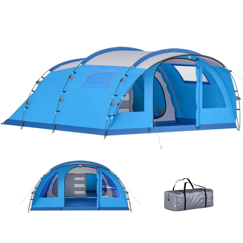 Outsunny Tenda de Campismo Familiar Tipo Túnel para 4 Pessoas com 2 Quartos Porta 4 Janelas Impermeável Montagem Fácil Azul