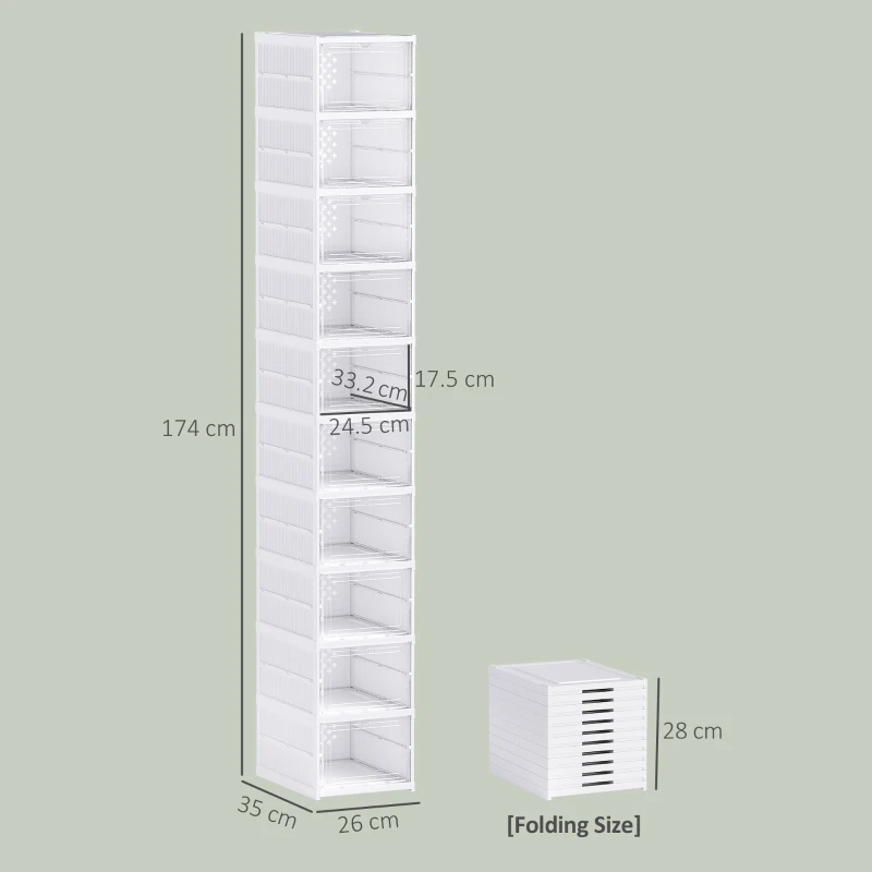 HOMCOM Set of 10 Foldable Stackable Plastic Shoe Boxes with Lids, Fits up to EU 43, White