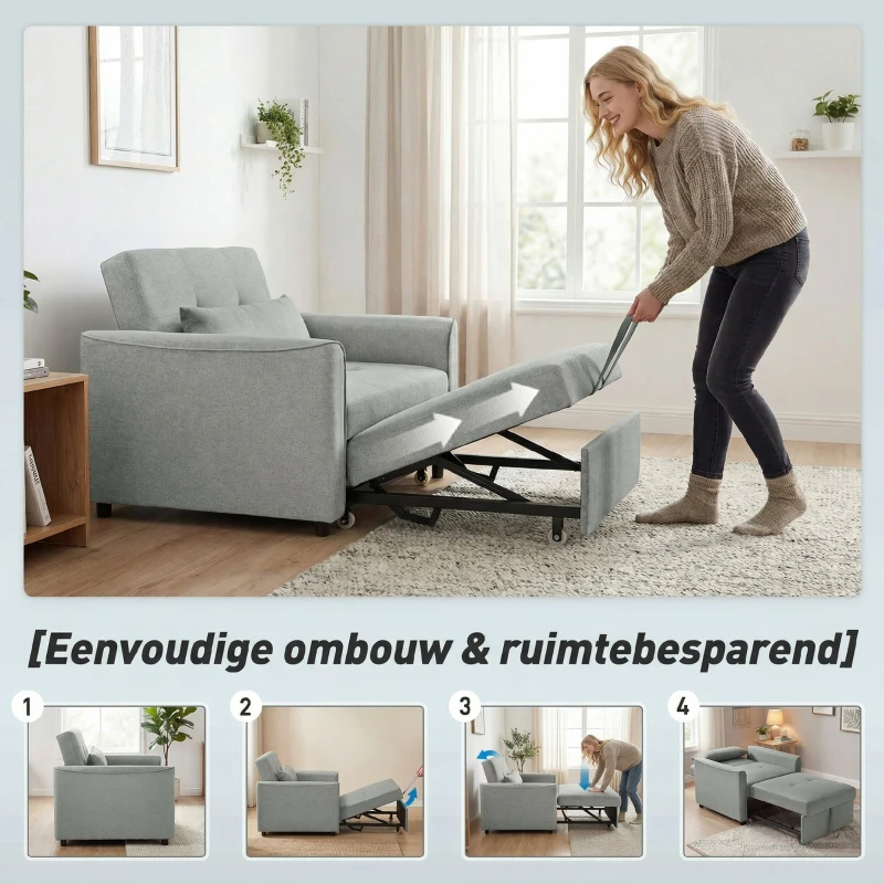 HOMCOM 3-in-1 slaapfauteuil, uitschuifbare sofabed-fauteuil met verstelbare rugleuning, grijs