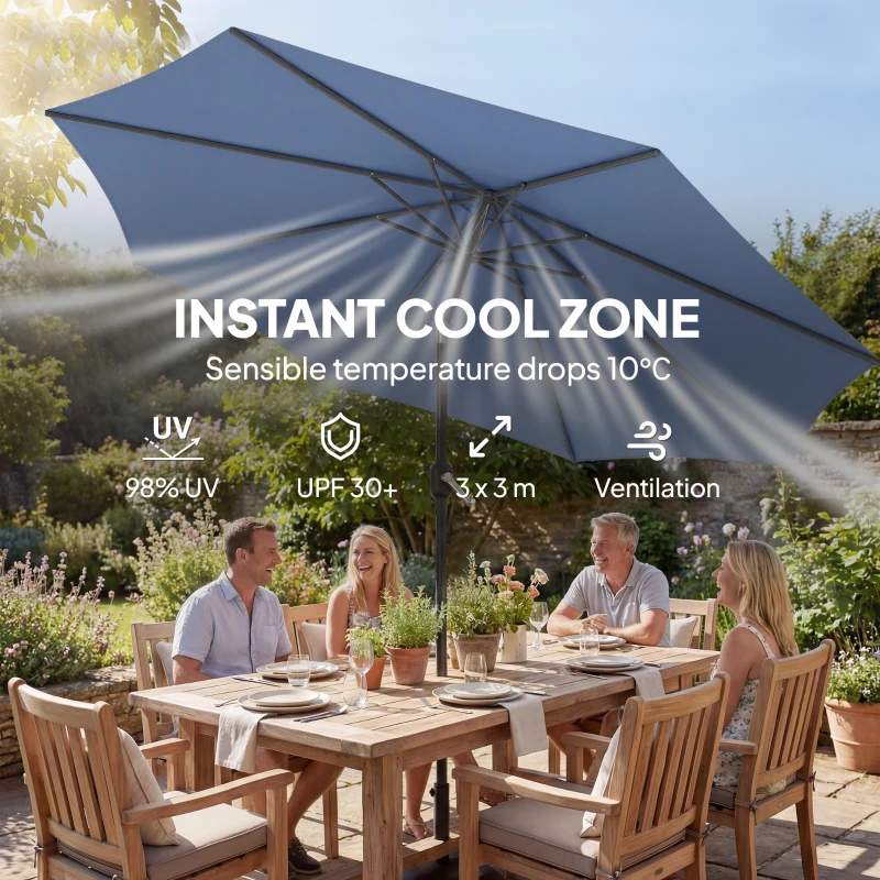 Outsunny Parasol przeciwsłoneczny Ø295 cm, UV 30+ Okrągły parasol balkonowy, plażowy, ogrodowy, niebieski