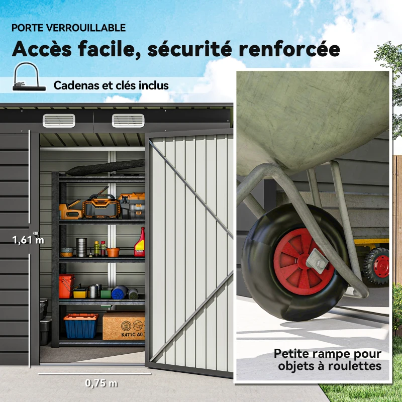 Outsunny Abri de jardin 2,3m² - pour Outils - cabanon Porte verrouillable - dim. 191L x 130P x 166,5-183H cm - acier