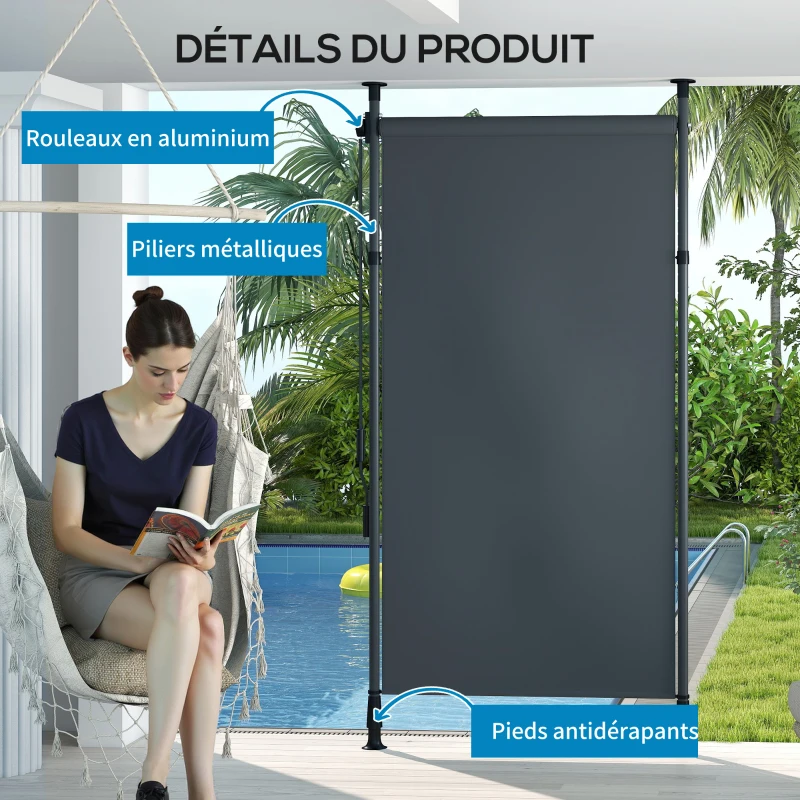 Outsunny Manual retractable freestanding awning adjustable length crank no-drill installation metal aluminum polyester dark gray