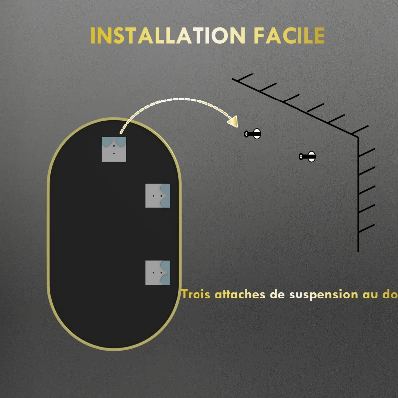 HOMCOM Oval wall mirror aluminum frame minimalist style vertical or horizontal mounting with 3 hooks 40 x 70 cm gold