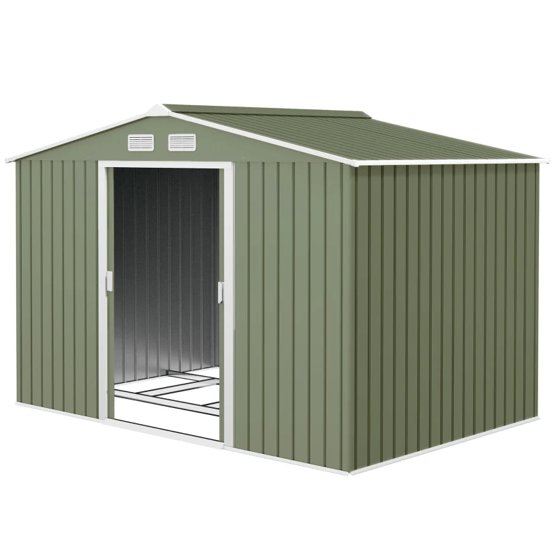 Outsunny 9 x 6ft Metal Garden Shed, Waterproof Outdoor Bike Storage Shed Galvanised with Vents, Foundation Kit, Apex Roof and Lockable Double Doors for Patio Lawn, Light Green