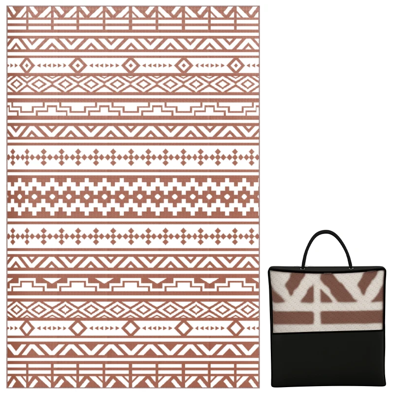 Outsunny Reversible Outdoor Mat 1.8 x 2.7 m, PP floor mat with geometric wall pattern, carry bag, red and white