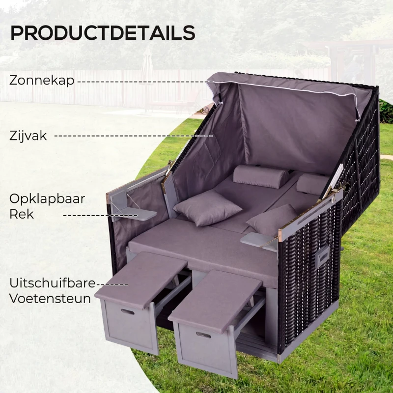 Outsunny Strandstoel dubbele ligstoel met beschermhoes voor bekerhouders PE rotan grijs