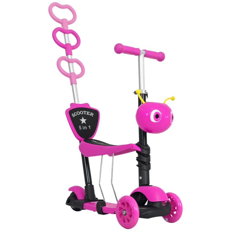 HOMCOM 5-in-1 Kids Toddler 3 Wheels Mini Kick Scooter Push Walker with Removable Seat & Back Rest for Girls and Boys Pink