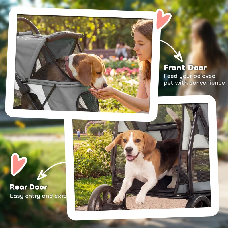 PawHut Wózek dla psa składany z zmywalną poduszką, oknami z siatki, 3 kołami, dla średnich psów do 20 kg, szary