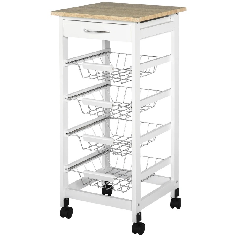 HOMCOM Multi-storage Service Cart on Wheels, 4 Metal Baskets + Drawer, Pine Wood, 37 x 37 x 82 cm, White