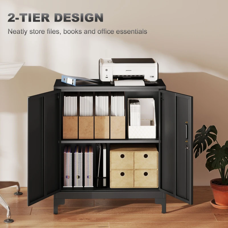 HOMCOM Lockable Metal Filing Cabinet, 2-Tier Storage Cupboard with Double Doors, Modern Office Organiser, Black