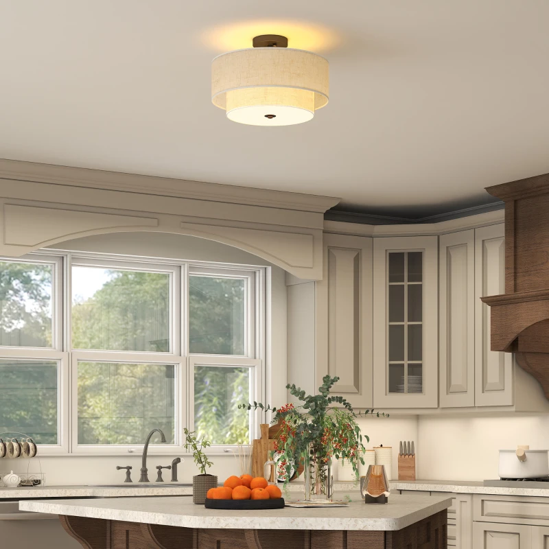 HOMCOM Modern Ceiling Light with Dual Linen Lampshades, Semi Flush LED Ceiling Light for Living Room, Bedroom, Kitchen, E14 Bulb Compatible, Cream White