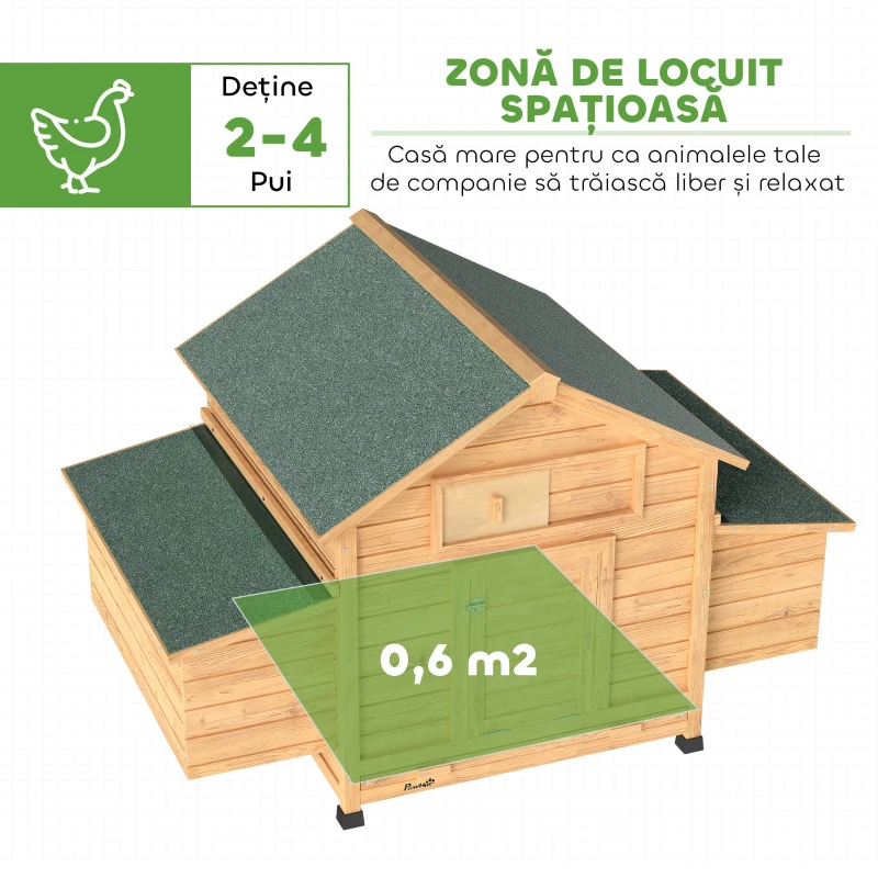 PawHut Coteț din Lemn pentru Găini, Acoperiș Impermeabil, 150x100x96.5 cm, Galben