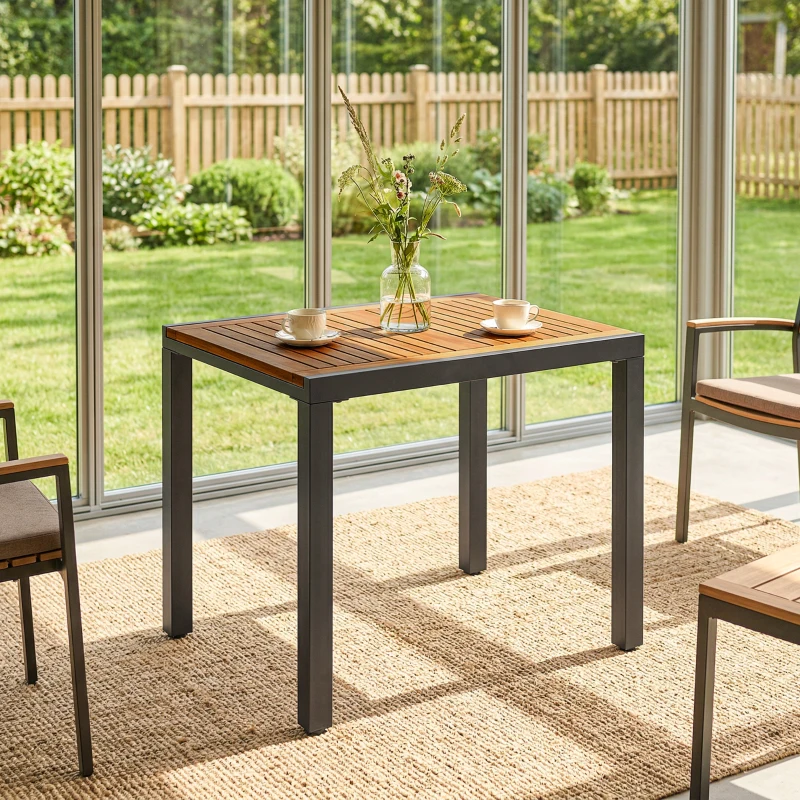 Outsunny Mesa de Refeição para Exterior Extensível 120/80x70 cm com Estrutura de Aço e Bancada de Madeira de Acácia para 4-6 Pessoas Madeira e Preto