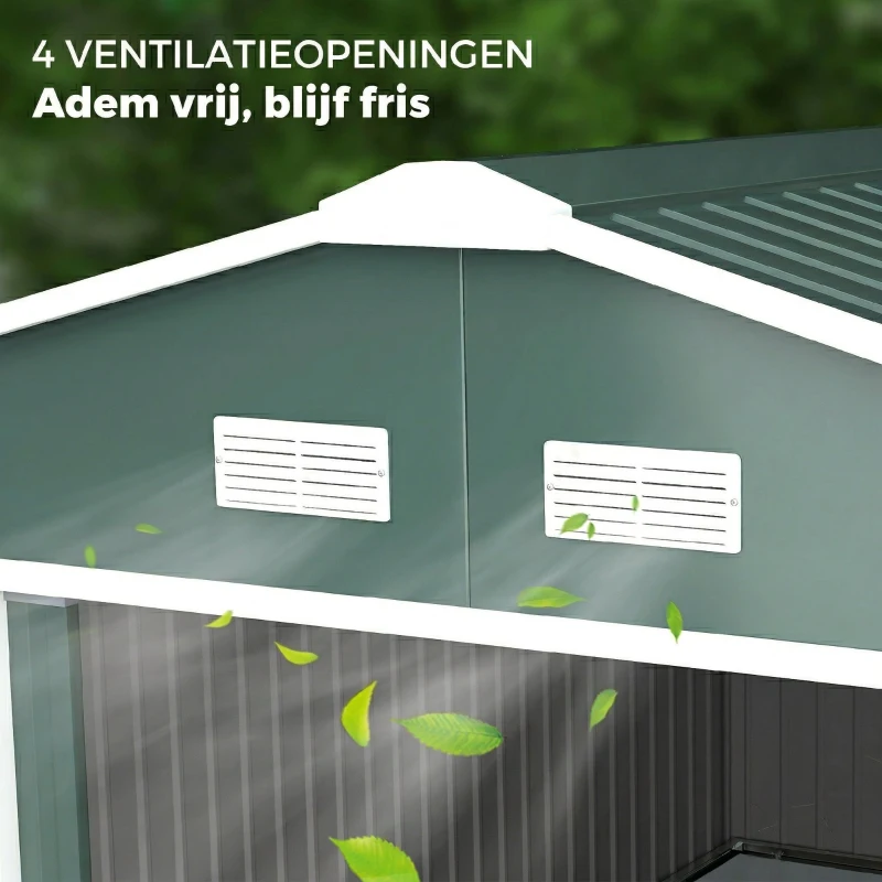 Outsunny Tuinschuur, Weerbestendig Tuinhuis voor Tuingereedschap, met Ventilatieramen, Schuifdeuren, Staal, Donkergroen(m-8)