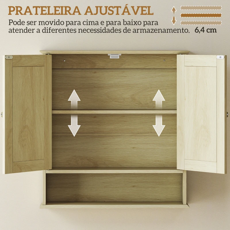 kleankin Armário de Parede com Espelho para Casa de Banho 2 Portas Prateleira Aberta e Ajustável 56x13x58 cm Madeira