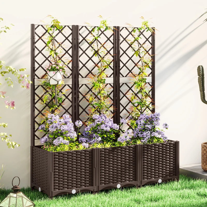 Outsunny Planter with Trellis raised garden bed outdoor planter with 8 drainage holes 120 x 40 x 135 cm brown
