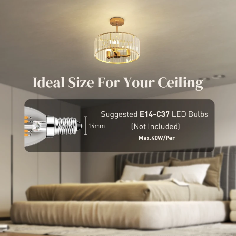 HOMCOM Crystal Ceiling Light Fixture, Semi Flush Mount Modern Crystal Chandelier Ceiling Light for Living Room, Bedroom, Hallway,  Dining Room, E14 Base 3-Lights, Gold Tone