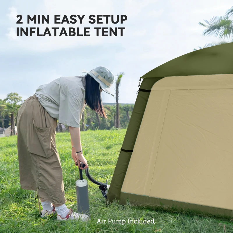 Outsunny Inflatable Camping Tent w/ Hand Pump, Easy Setup 1/2 Person Blow Up Tent Waterproof 190T Taffeta w/ Mesh Windows, Doors and Carry Bag, Brown