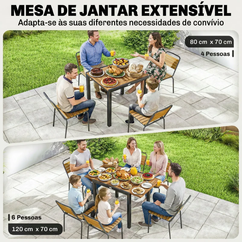 Outsunny Mesa de Refeição para Exterior Extensível 120/80x70 cm com Estrutura de Aço e Bancada de Madeira de Acácia para 4-6 Pessoas Madeira e Preto