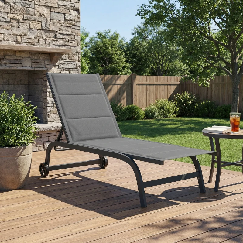 Outsunny Tumbona transpirable para jardín con respaldo regulable 6 posiciones, ruedas, armazón de aluminio Gris oscuro