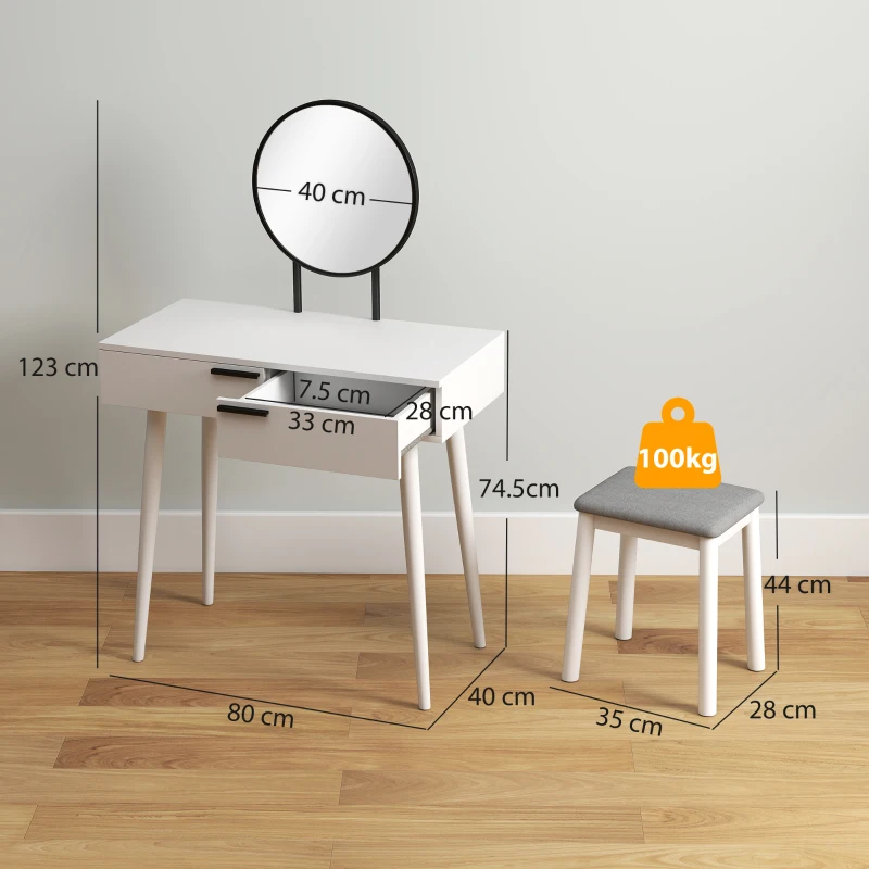 HOMCOM Modern Dressing Table with Round Mirror and Stool, Makeup Vanity Table with 2 Drawers for Bedroom, Living Room, 80 x 40 x 123 cm, White
