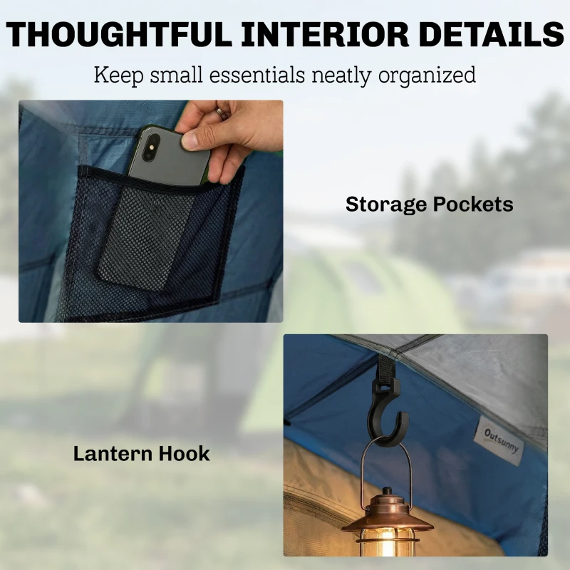 Outsunny Tenda da Campeggio Tunnel per 4 Persone Impermeabile, con Telo Antipioggia Rimovibile e Tappeto in Plastica, Altezza 190 cm, Blu Scuro