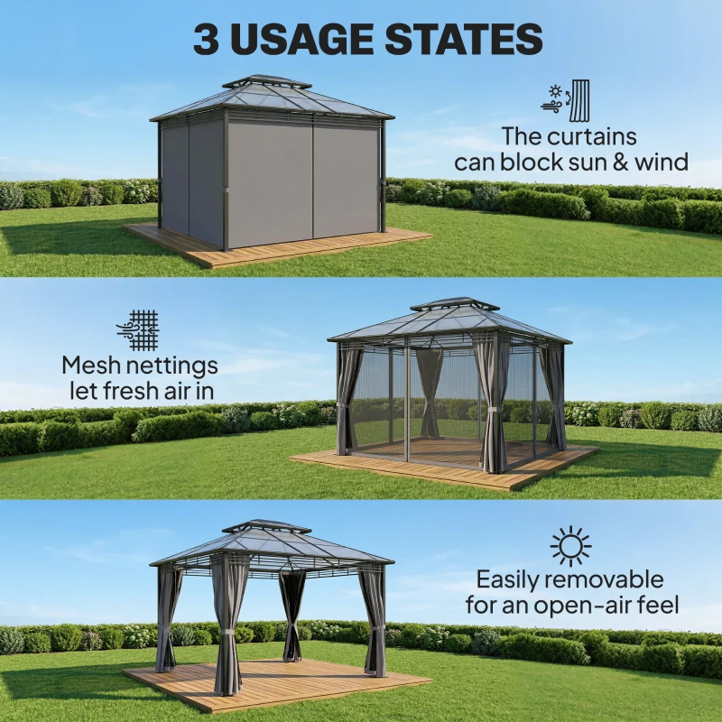 Outsunny Pawilon ogrodowy ok. 3,6x3m aluminiowy pawilon z 6 mm poliwęglanowym dwuwarstwowym dachem moskitierą 4 bocznymi panelami ciemnoszary