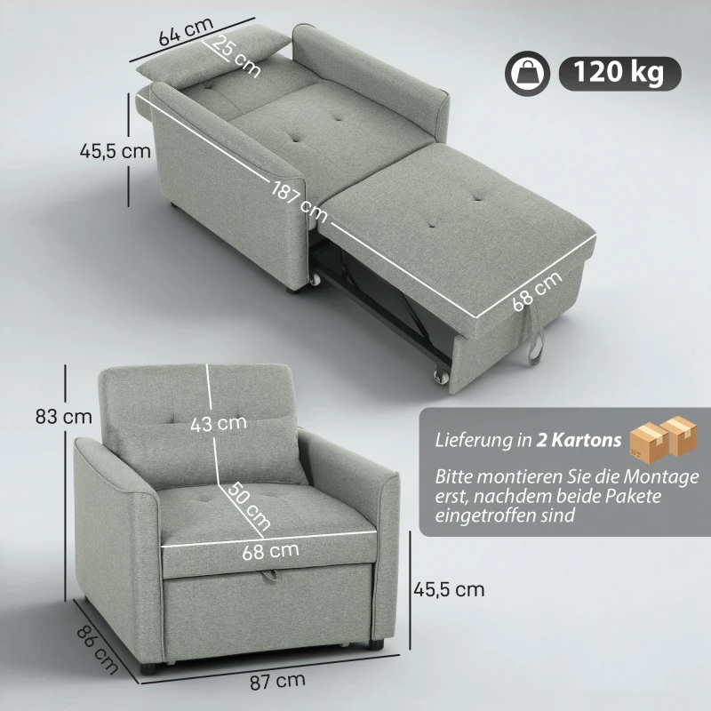 HOMCOM 3-w-1 Fotel z Funkcją Łóżka, Rozkładany Fotel Sofa z Regulowanym Oparciem, Szary