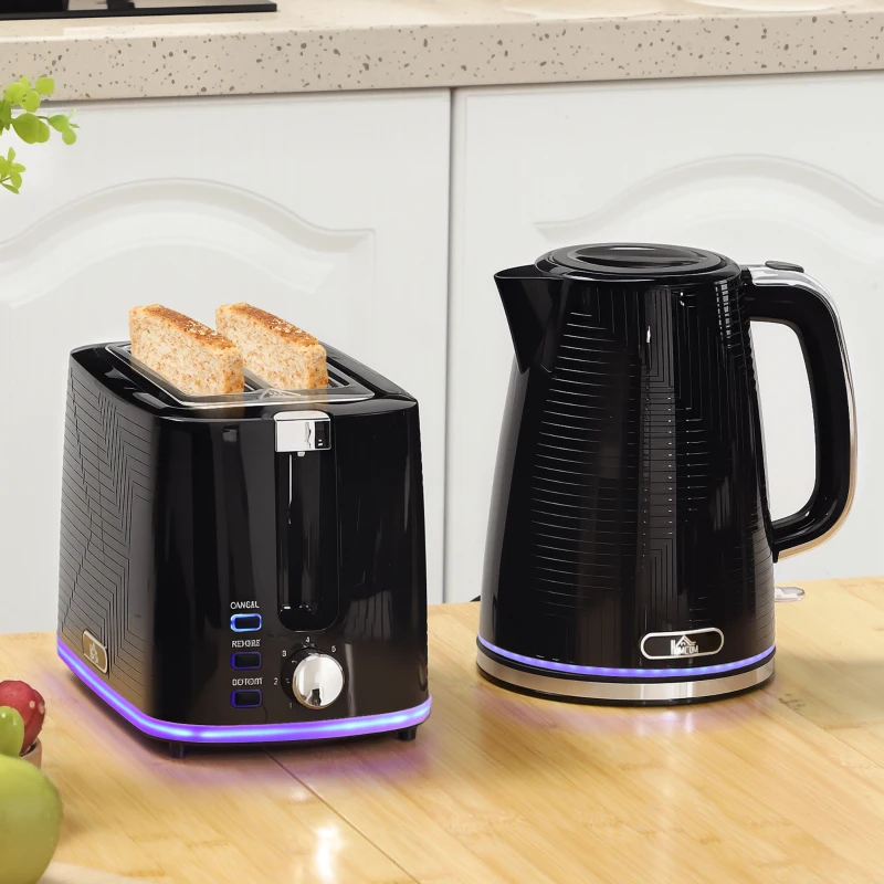 HOMCOM zestaw czajnik i toster 1,7L 2200W czajnik z wnętrzem ze stali nierdzewnej, termostat Otter, filtr antywapienny, zestaw śniadaniowy z tosterem na 2 kromki, podświetlenie, 7 poziomów opiekania, rozmrażanie, podgrzewanie, czarny