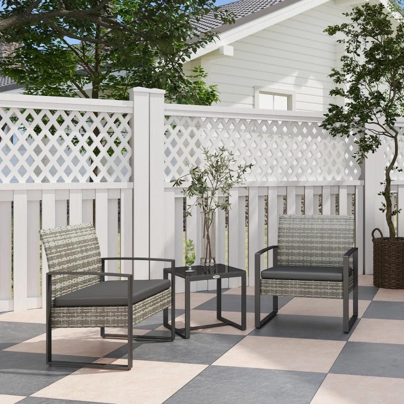 Outsunny 3-Piece Garden Set 2 Chairs with Cushions + Coffee Table Tempered Glass Top Braided Resin Light Gray