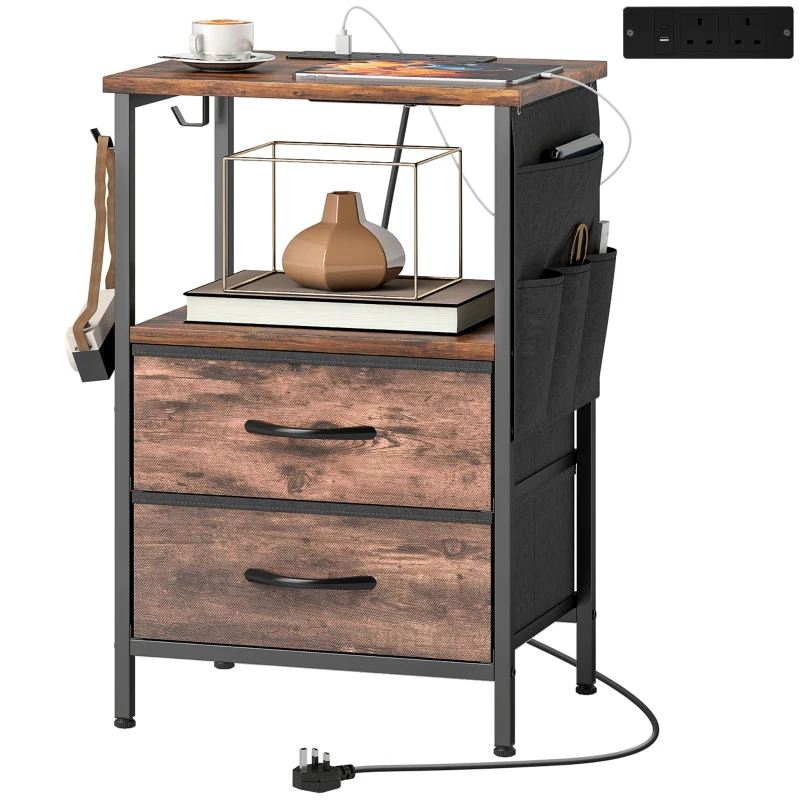 HOMCOM Bedside Table with Charging Station - Rustic Brown