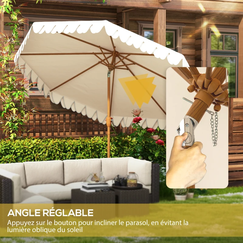 Outsunny Round Tilting Parasol Ø 264 cm with Frills High-Density Polyester UV-Resistant Fabric Removable Pole 8 Ribs - Cream