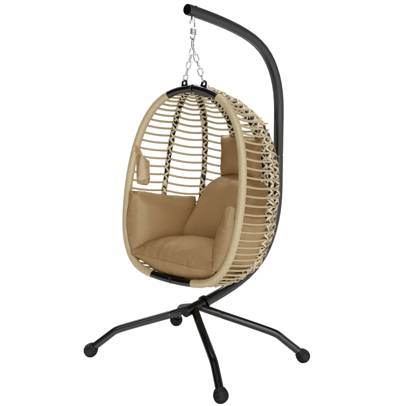 Outsunny Hanging egg chair foldable swing with cushion and stand indoor outdoor 110 x 100 x 188 cm beige