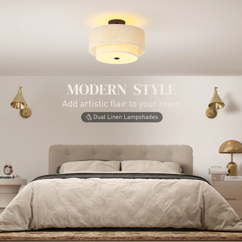 HOMCOM Modern Ceiling Light with Dual Linen Lampshades, Semi Flush LED Ceiling Light for Living Room, Bedroom, Kitchen, E14 Bulb Compatible, Cream White